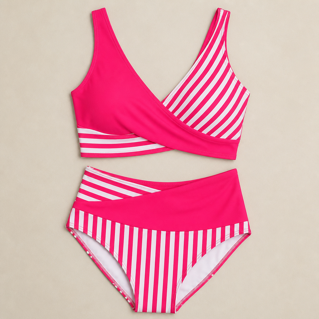 Coastelle™ – High-Waist Crossover Bikini Set with Striped Wrap Top