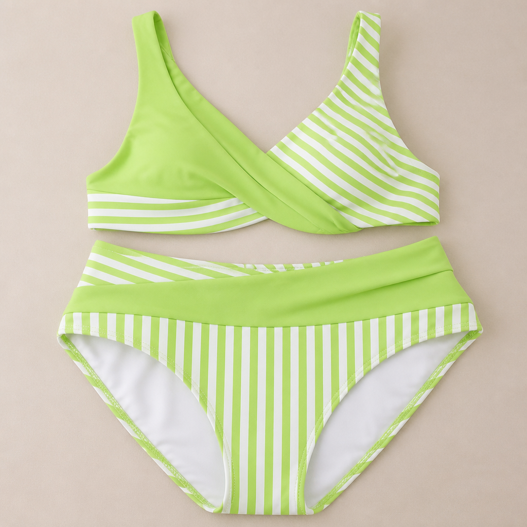 Coastelle™ – High-Waist Crossover Bikini Set with Striped Wrap Top