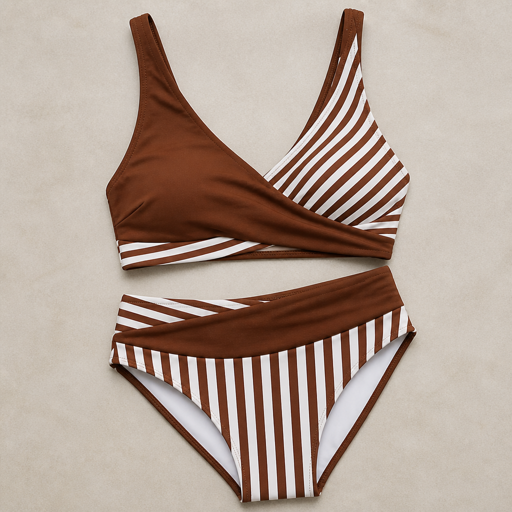Coastelle™ – High-Waist Crossover Bikini Set with Striped Wrap Top