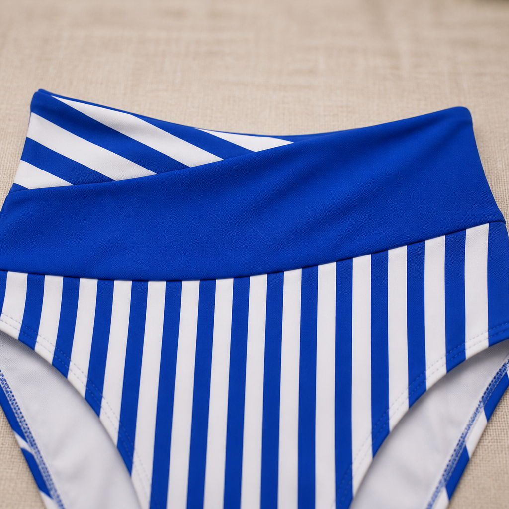 Coastelle™ – High-Waist Crossover Bikini Set with Striped Wrap Top