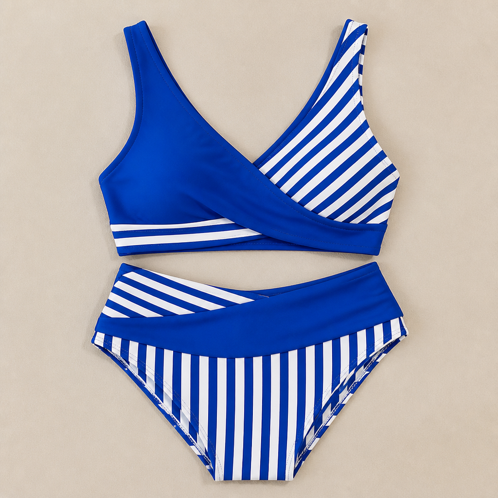 Coastelle™ – High-Waist Crossover Bikini Set with Striped Wrap Top