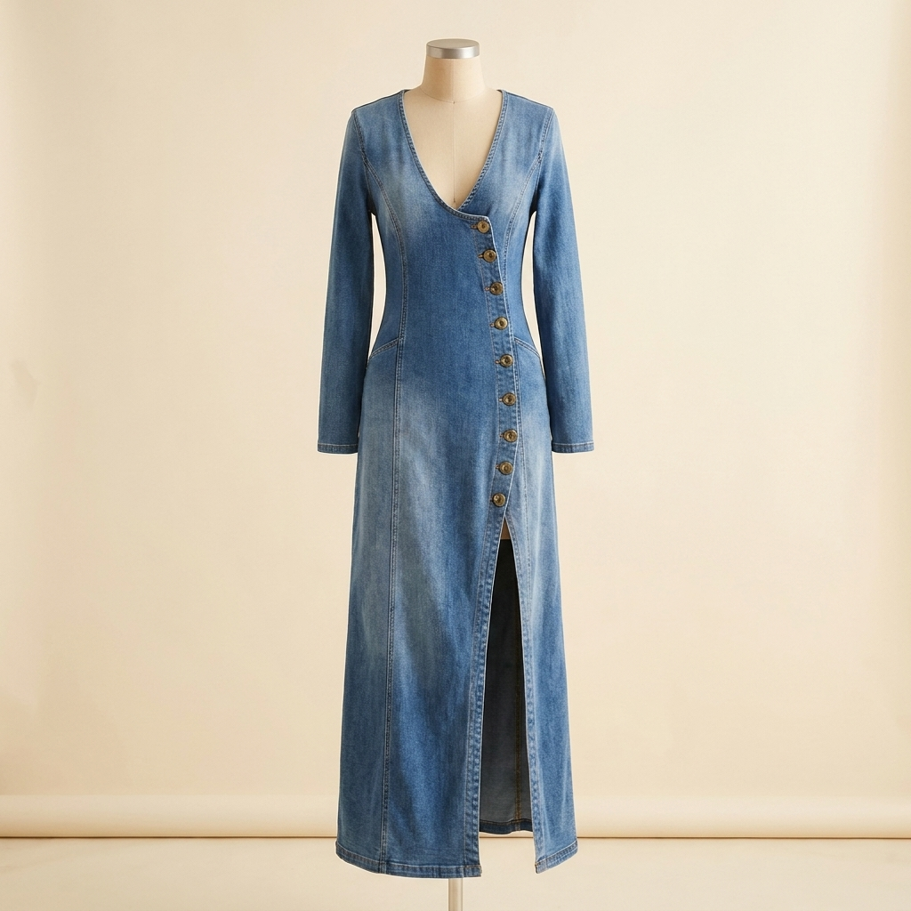 LuxeaSilk™ – Soft Denim Maxi Dress with V-Neck and Buttoned Side Slit