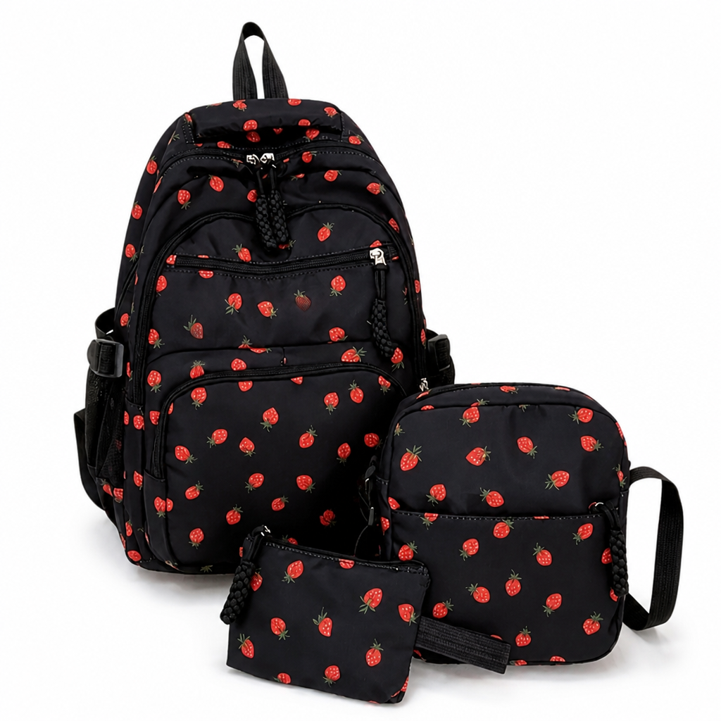 Strawberry-Print Large-Capacity Backpack