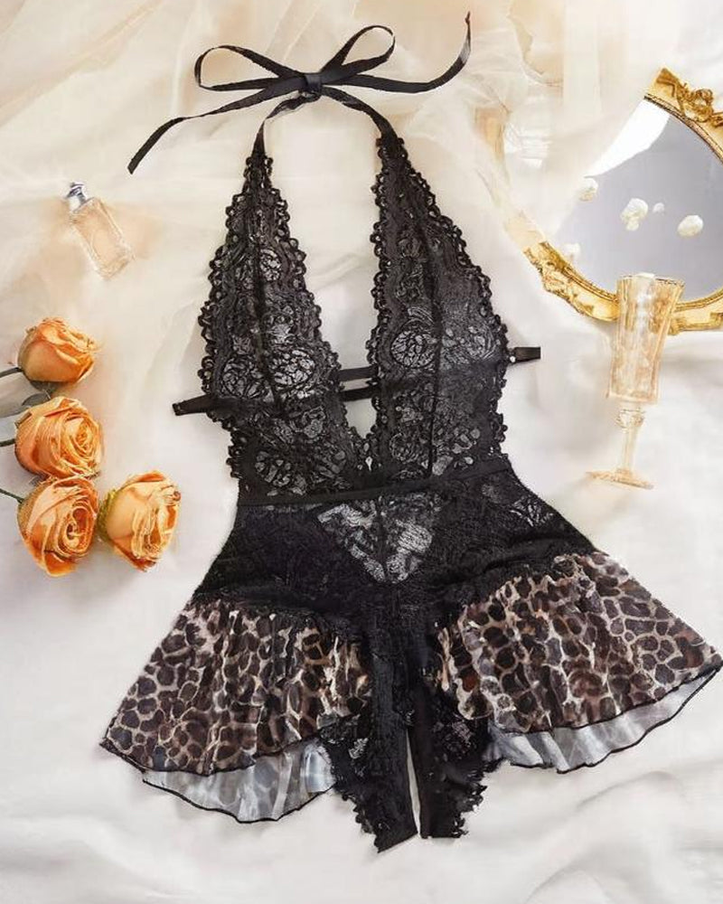 ArdentMist™ – Sheer Mesh Skirt Babydoll with Floral Lace Halter