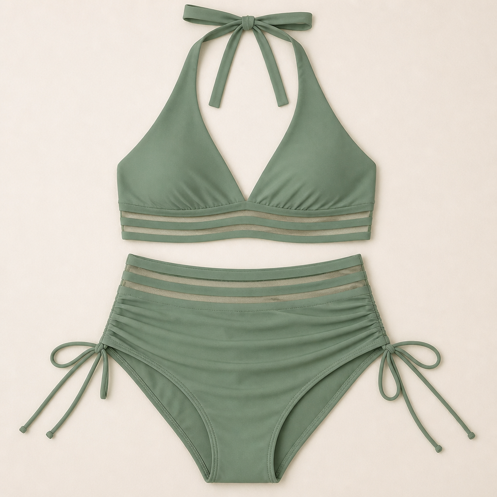 Fierza™ – Sculpting High-Waist Bikini Set with Mesh-Striped Accents