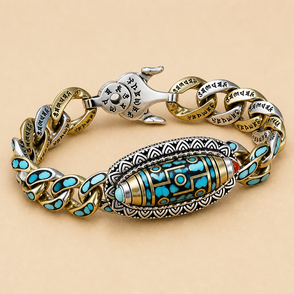 SereniStone™ – Tibetan Nine-Eyed Dzi Bead Bracelet Featuring Turquoise Inlay