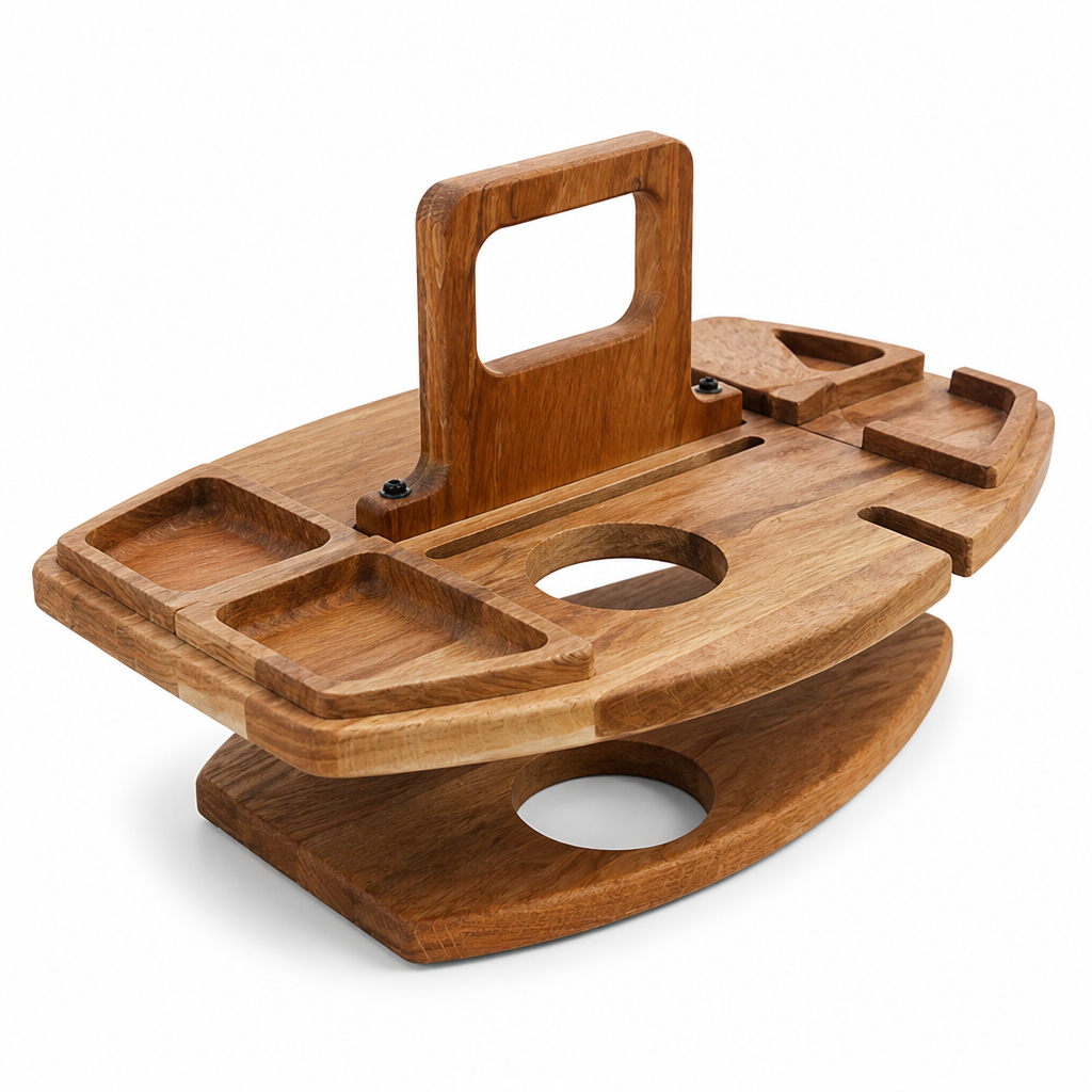 Foldable Acacia Wood Wine Table (With Glass & Snack Holders)
