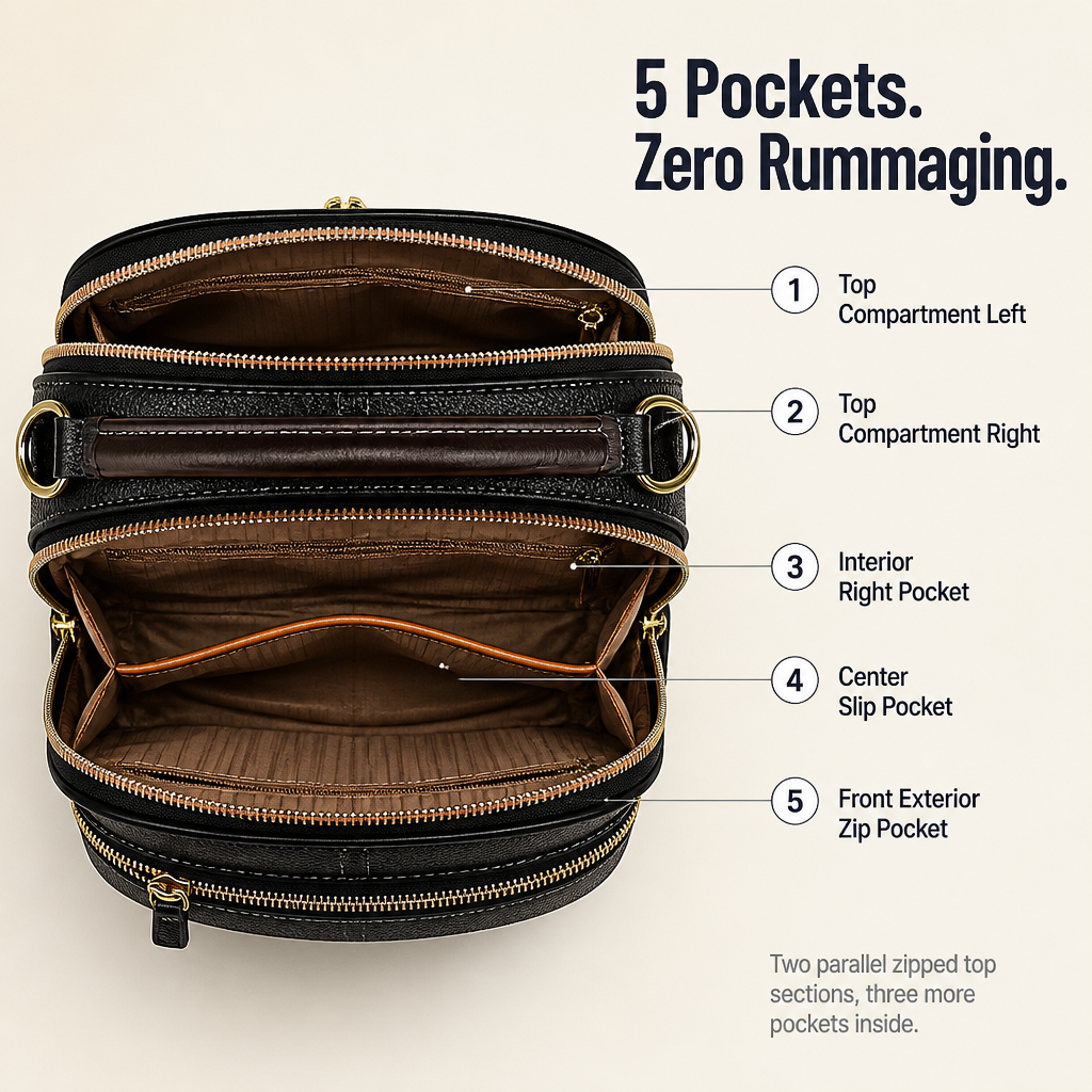 Lumevia™ — Discover Every Essential in 5 Clever Pockets Without Searching