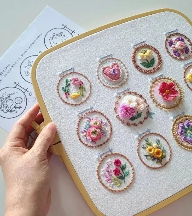 Embroidery Kit with 12 Floral Patterns | Complete Set | Ready to Start | NeedleNest