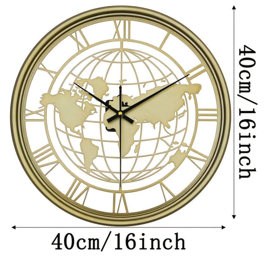 Silent Metal Wall Clock Featuring a Roman World Map Design