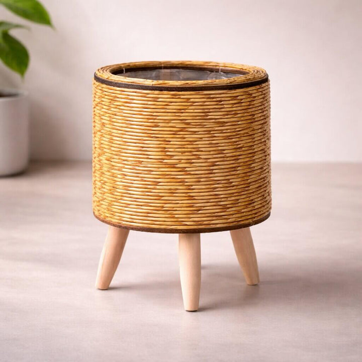Flower Planter with Wooden Stand | Basket Weave Texture | Ideal for Indoor and Outdoor | Plantara