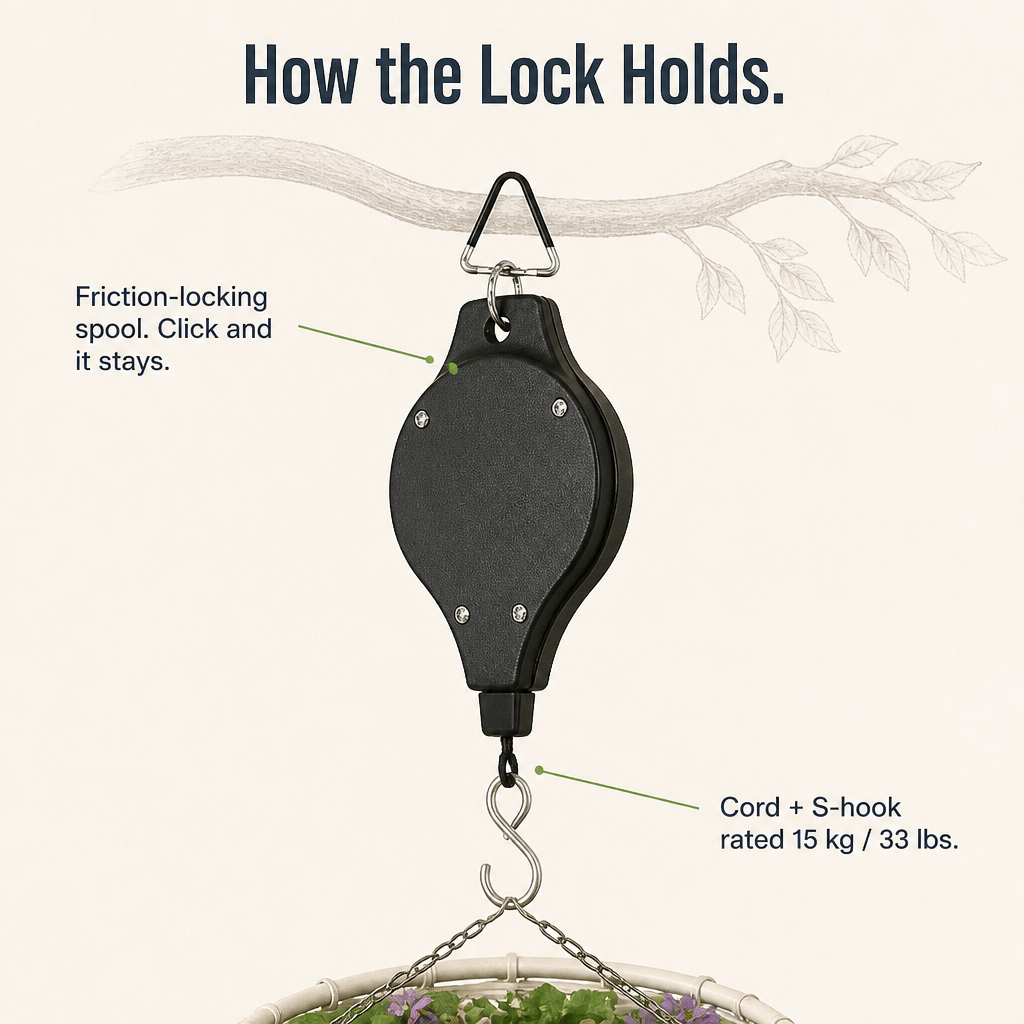 FlexiGroove™ — Lower Hanging Baskets to Chest Level for Ladder-Free Watering