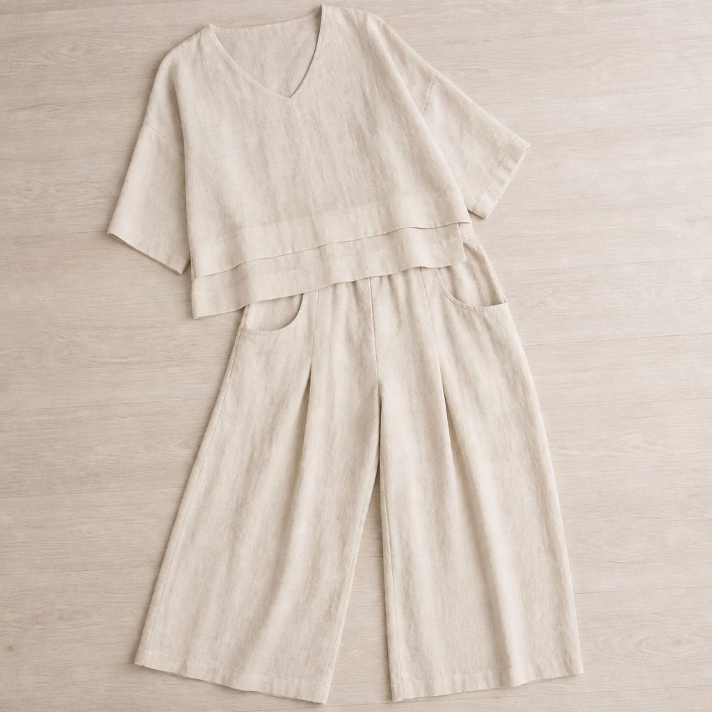 LioraLuxe™ – Casual Layered V-Neck Shirt & Wide-Leg Trouser Set