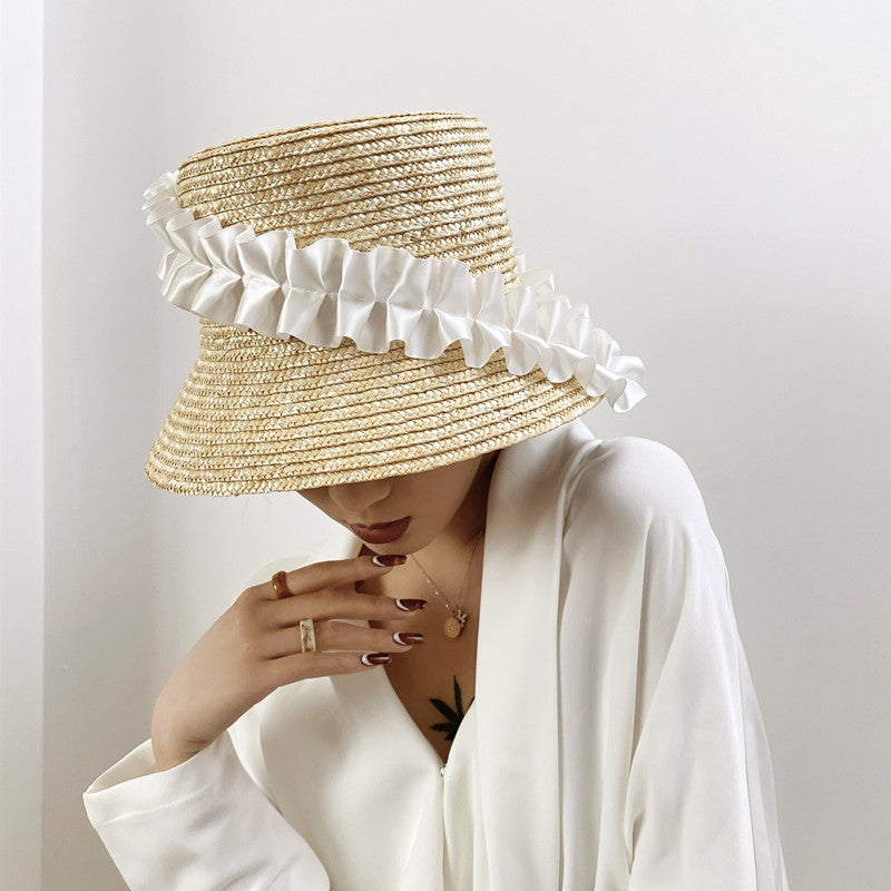 Wide Brim Straw Hat with Ruffled Trim – UV Defense