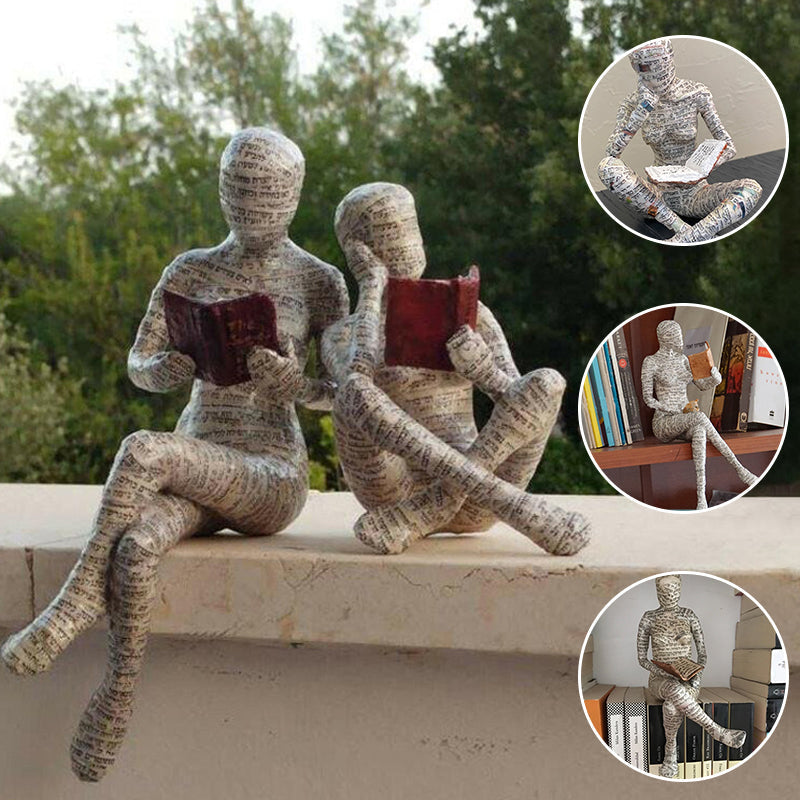 Resin Reading Statue Featuring Newspaper Print Design