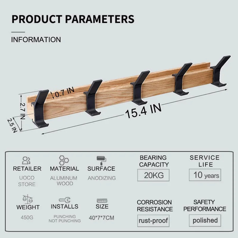 Sleek Wooden Wall Hook Rack with Adjustable Hooks