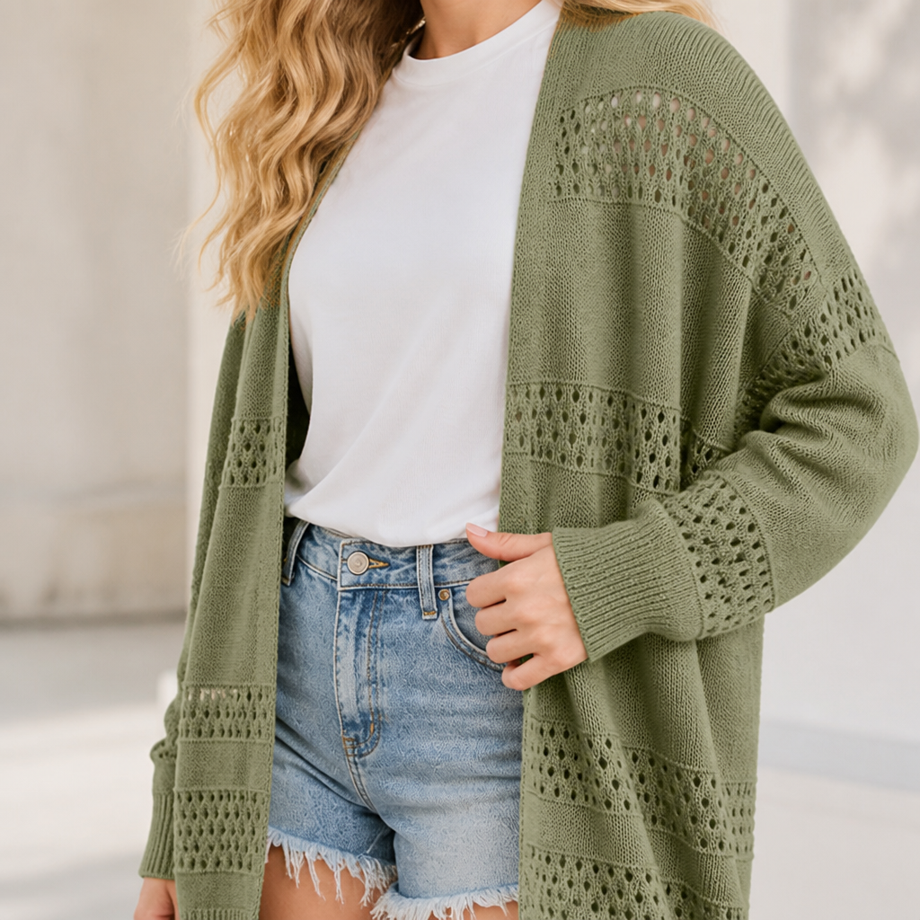 LunaCrest™ – Airy Open-Knit Oversized Cardigan with Pointelle Crochet