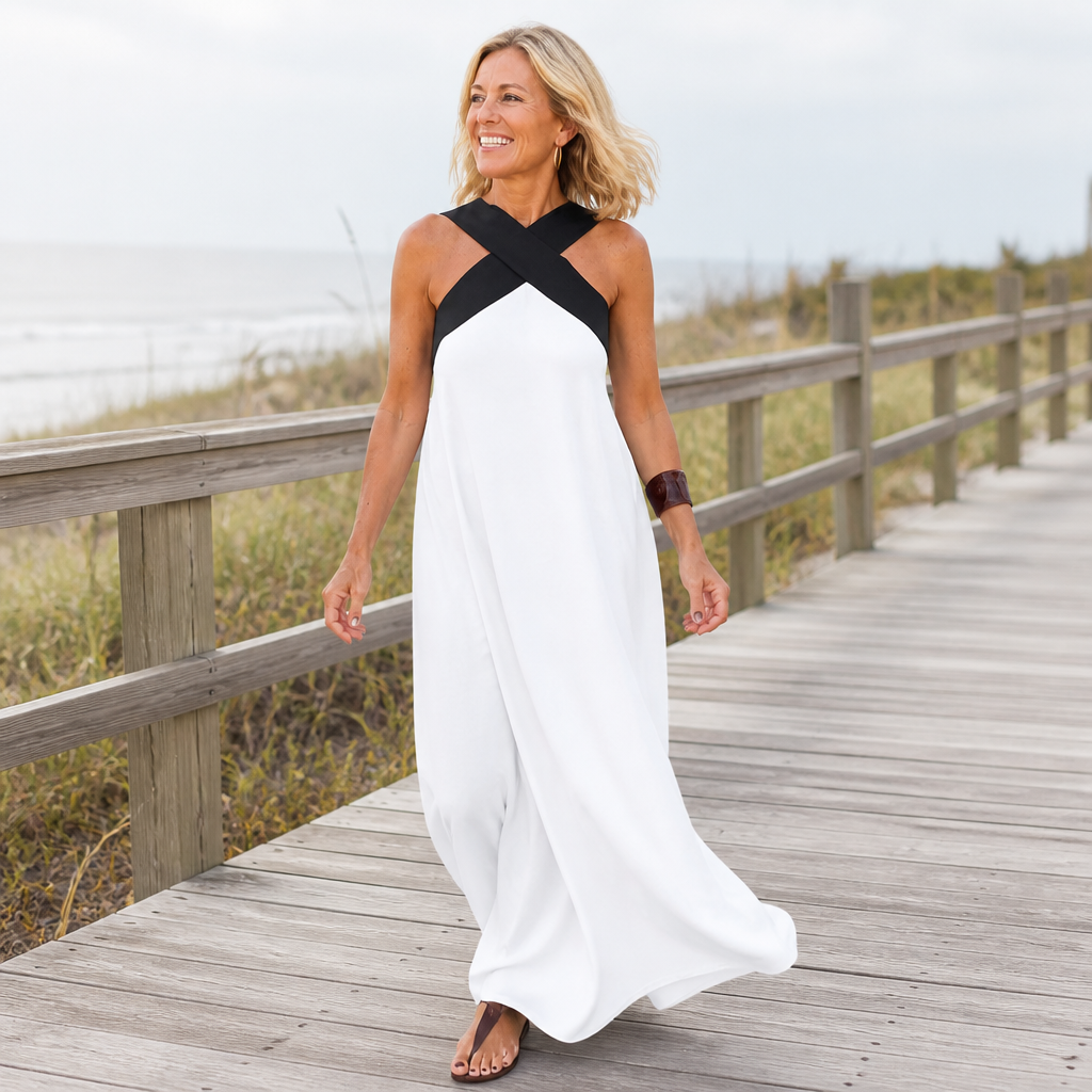 AuralisFlow™ – Flowy Crossover-Halter Color-Block Maxi Dress