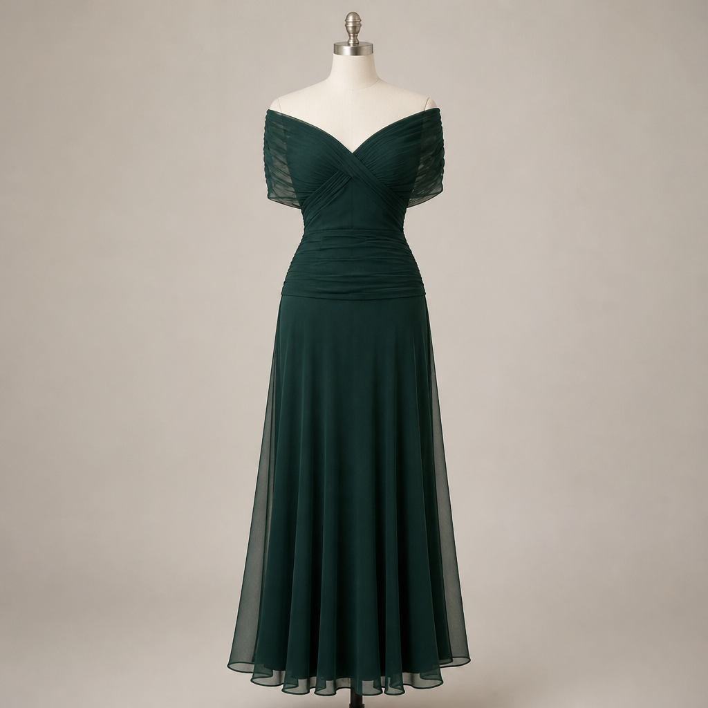 VeloraMist™ – Elegant Off-Shoulder Draped Chiffon Gown with Flowing Mermaid Skirt
