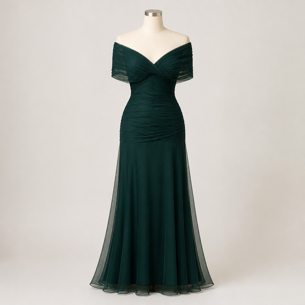 VeloraMist™ – Elegant Off-Shoulder Draped Chiffon Gown with Flowing Mermaid Skirt