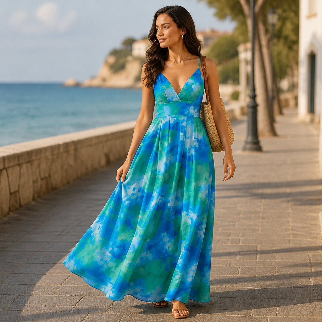 SolaraLuxe™ – Flowy Watercolor V-Neck Maxi Dress with Pockets