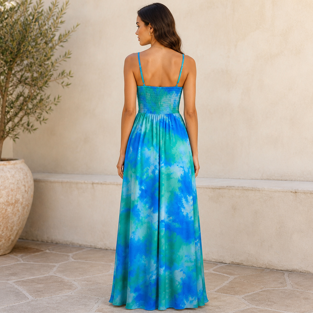 SolaraLuxe™ – Flowy Watercolor V-Neck Maxi Dress with Pockets