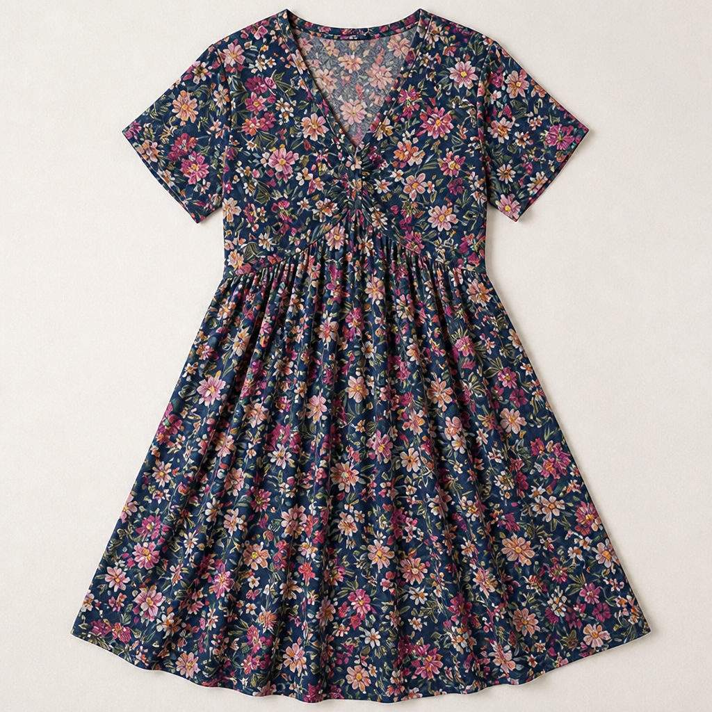 Sunnisara™ – Flowy V-Neck Floral Summer Dress with Pleated Waist