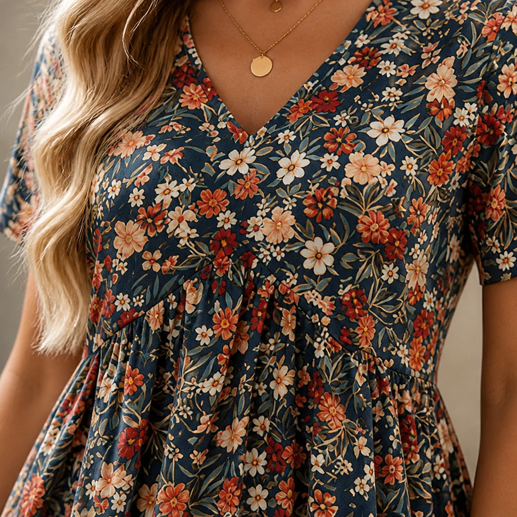 Sunnisara™ – Flowy V-Neck Floral Summer Dress with Pleated Waist