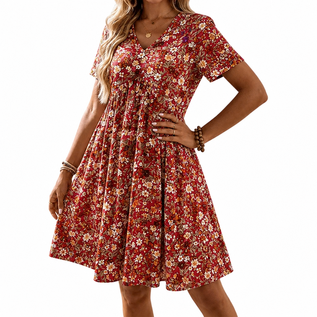 Sunnisara™ – Flowy V-Neck Floral Summer Dress with Pleated Waist