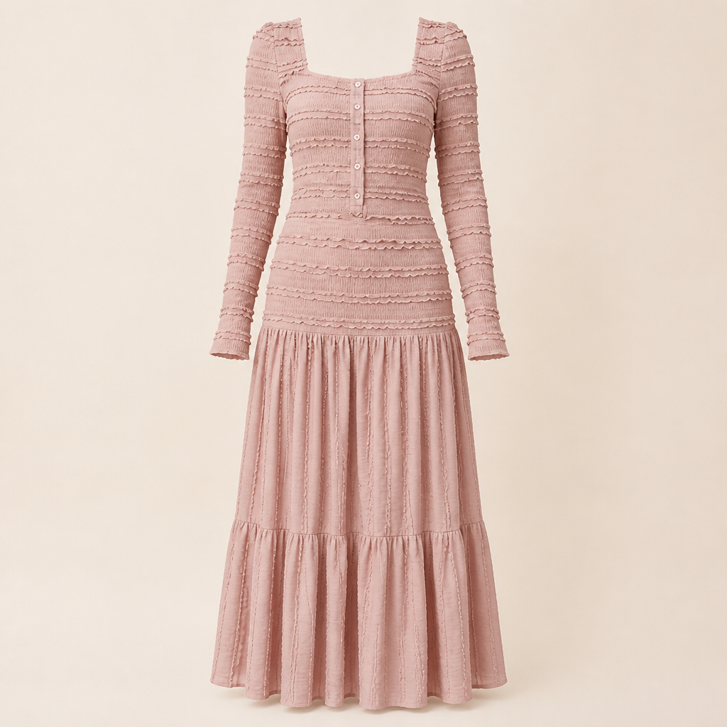 LumiRae™ – Smocked Square-Neck Tiered Maxi Dress with Ruffle Sleeves