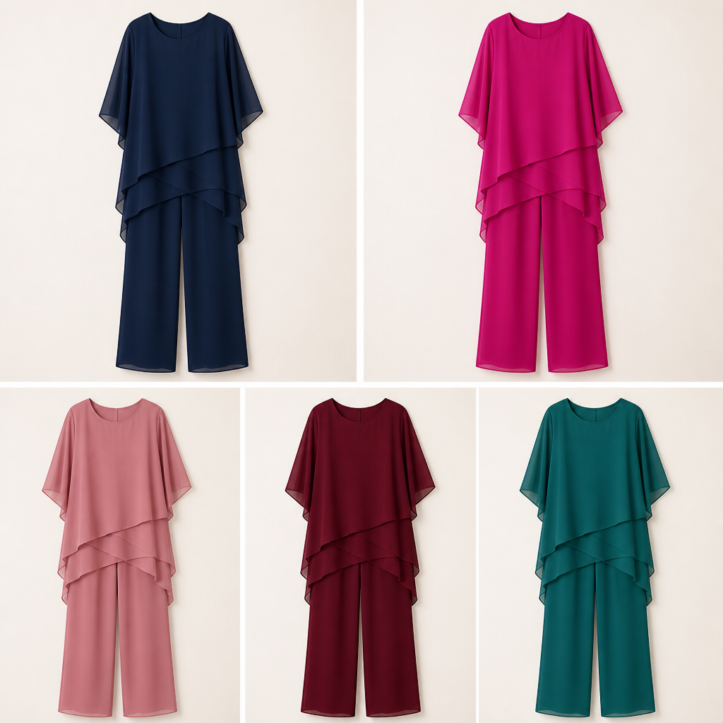 VioraEase™ – Flowy Tiered Chiffon Two-Piece Pant Set with Cape Sleeves