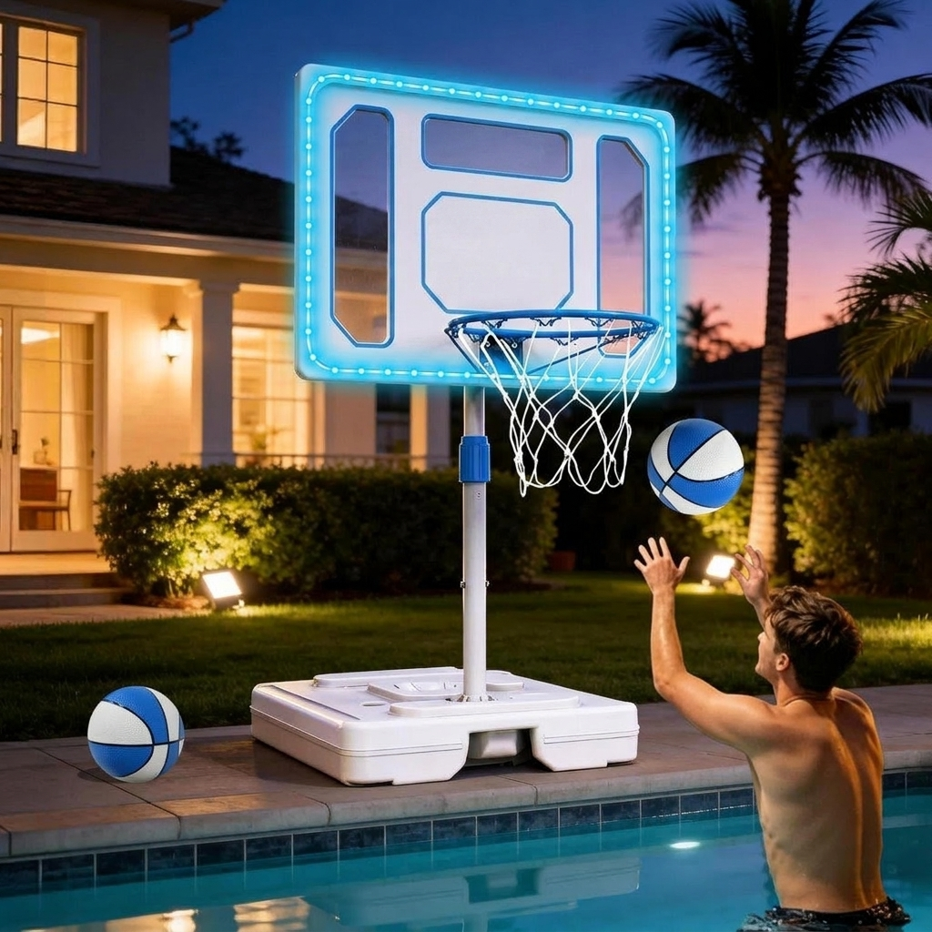 Poolside Basketball Hoop Set with Solar Lights, Shatterproof Backboard & 2 Balls
