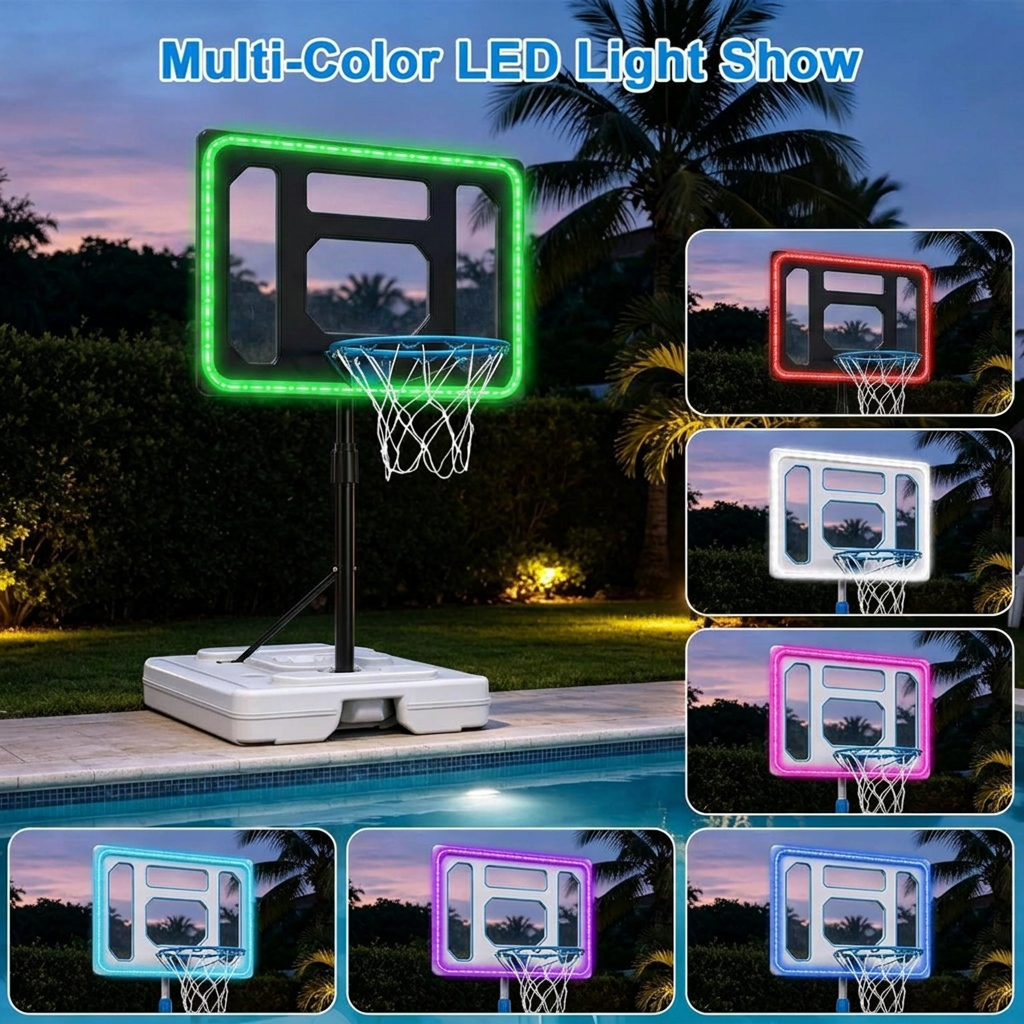 Poolside Basketball Hoop Set with Solar Lights, Shatterproof Backboard & 2 Balls