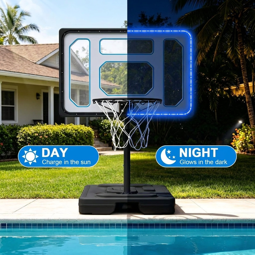 Poolside Basketball Hoop Set with Solar Lights, Shatterproof Backboard & 2 Balls