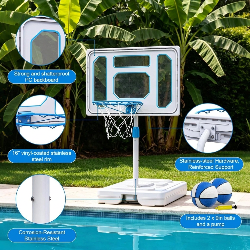 Poolside Basketball Hoop Set with Solar Lights, Shatterproof Backboard & 2 Balls