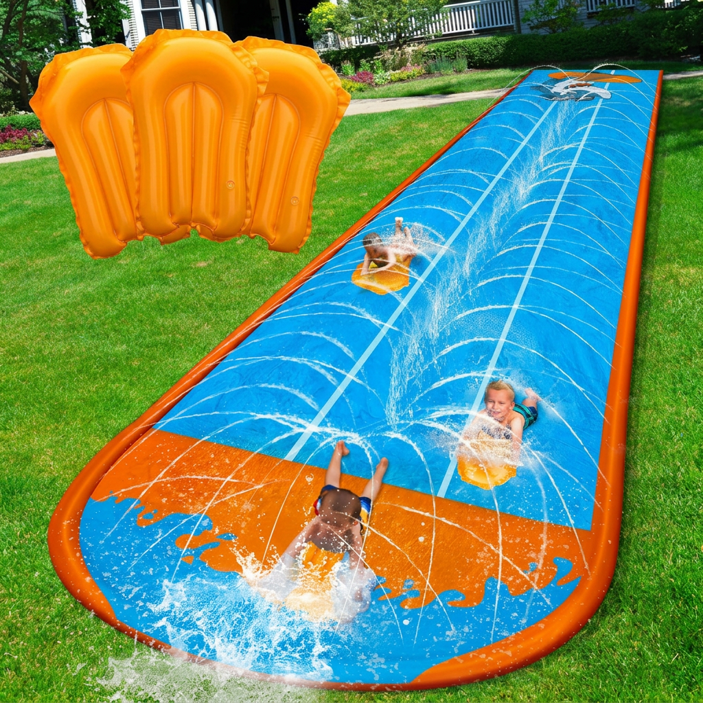 Extended Water Slide for Backyard Fun with Safety Rails and 2 Bodyboards
