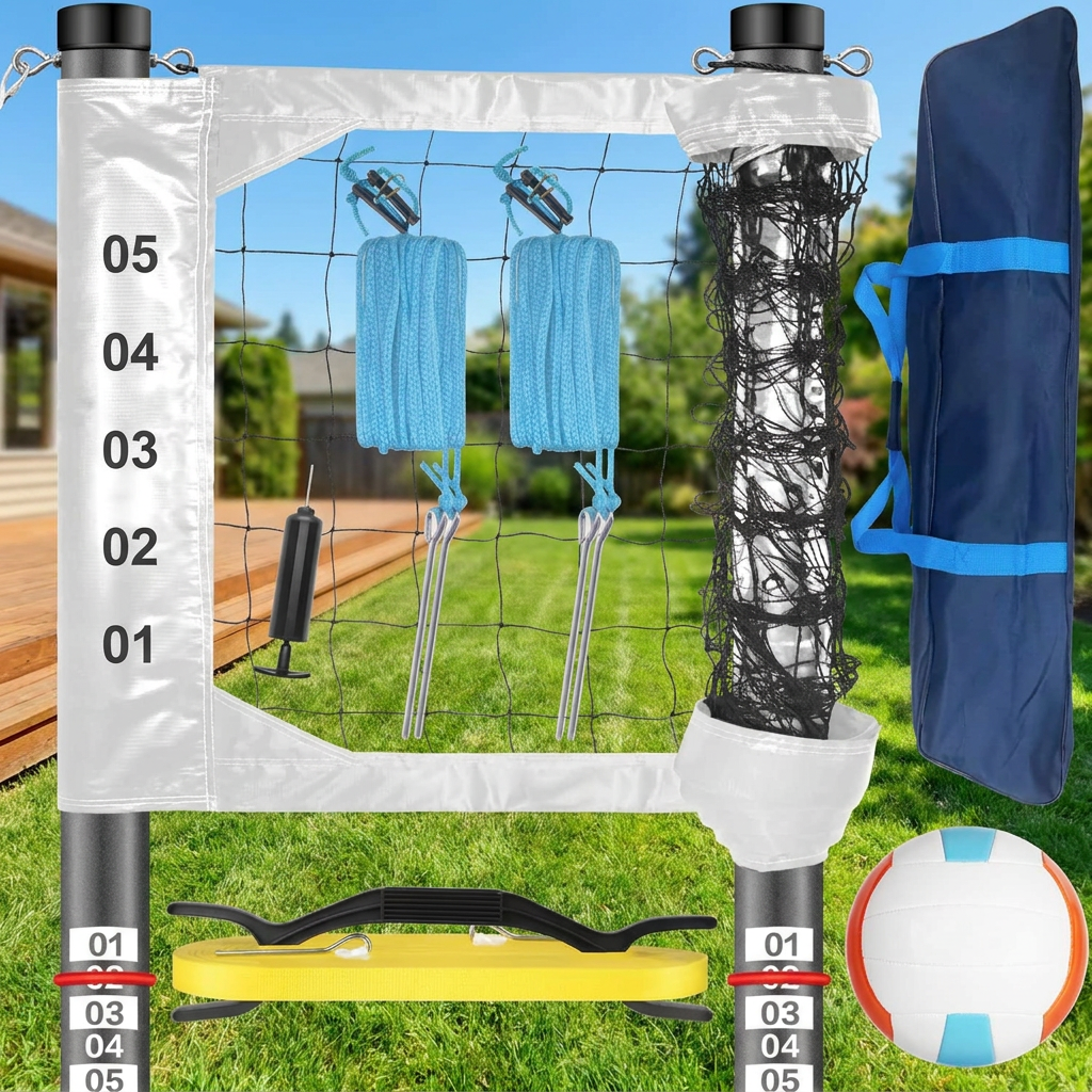 Aluminum Volleyball Net Set for Tournament and Backyard Play with Scoring Poles