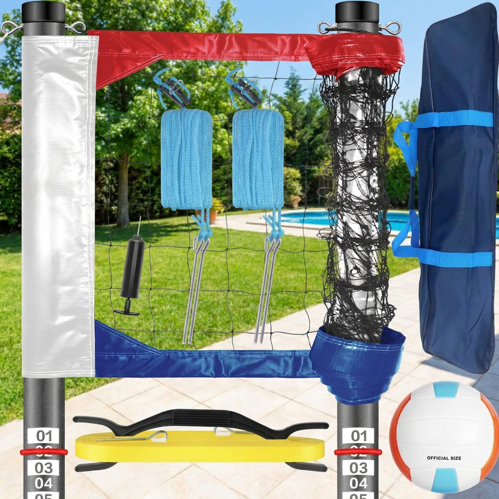 Aluminum Volleyball Net Set for Tournament and Backyard Play with Scoring Poles