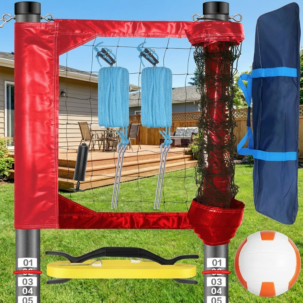 Aluminum Volleyball Net Set for Tournament and Backyard Play with Scoring Poles