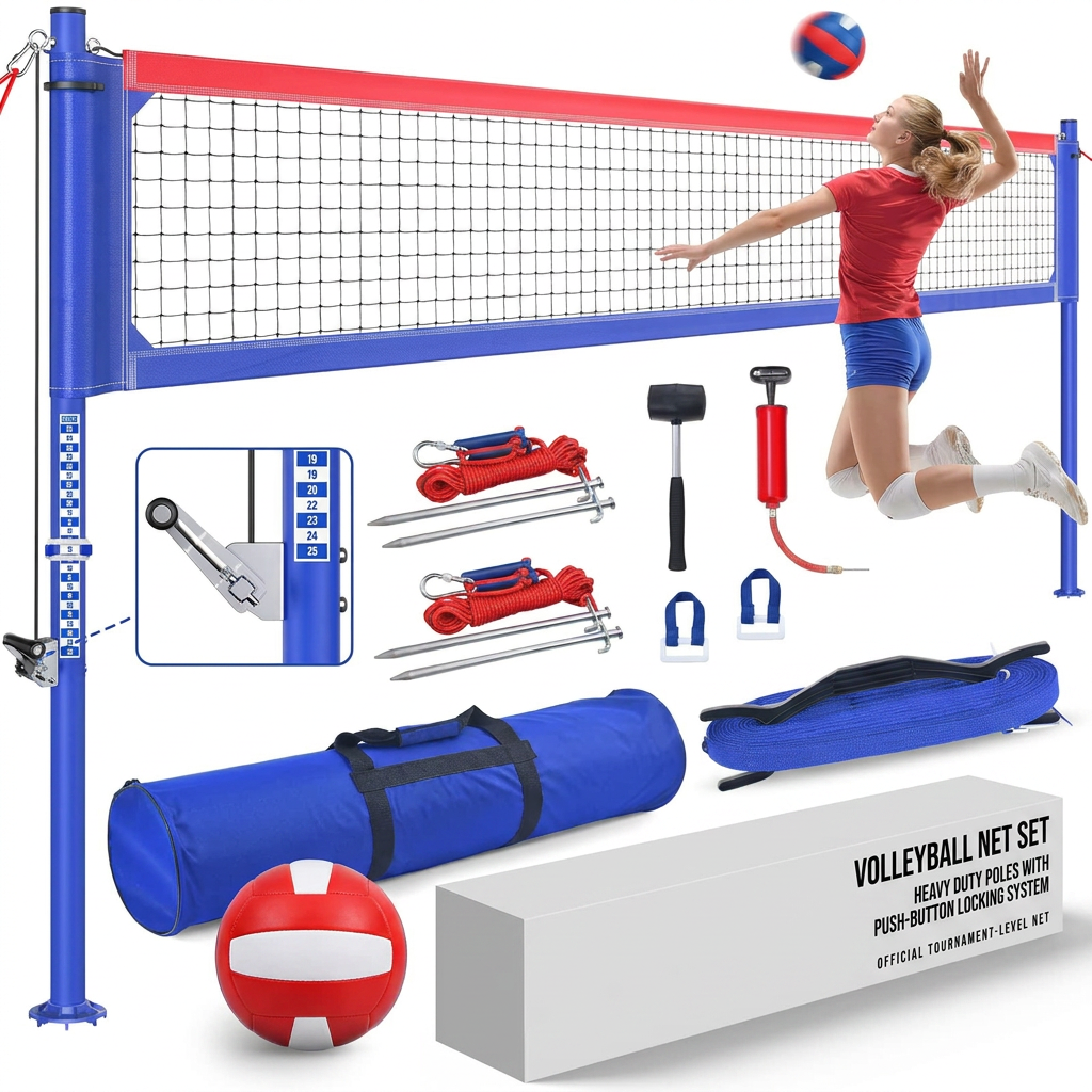 Volleyball Net Kit with Aluminum Poles and Steel Tensioner System