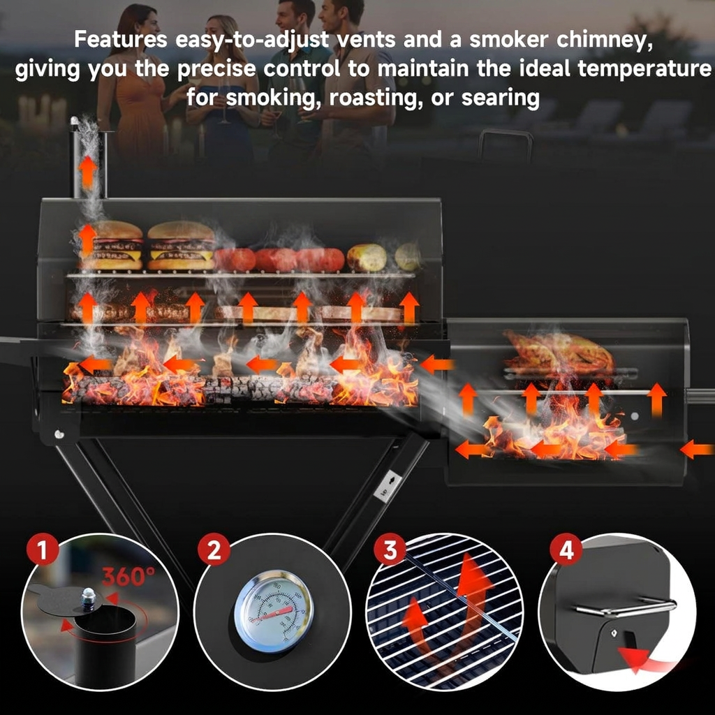 Charcoal Grill and Smoker with Chimney, Wheels, and Foldable Design