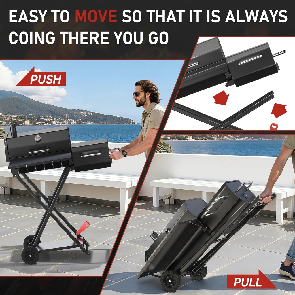 Charcoal Grill and Smoker with Chimney, Wheels, and Foldable Design