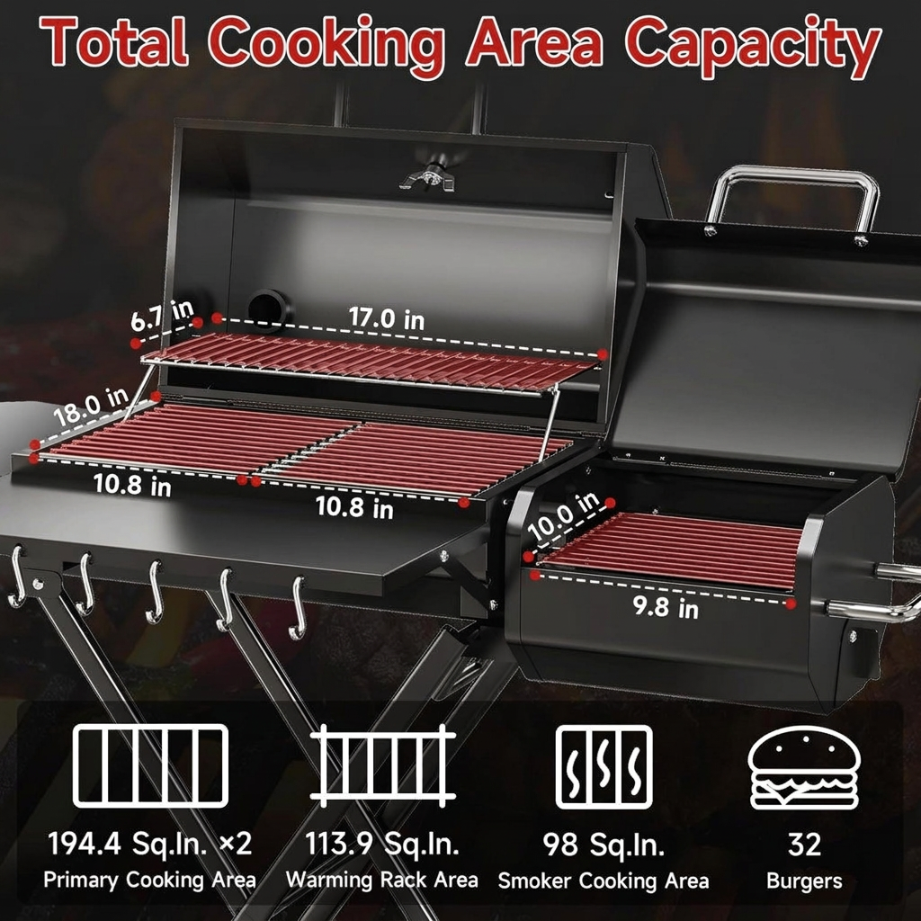 Charcoal Grill and Smoker with Chimney, Wheels, and Foldable Design