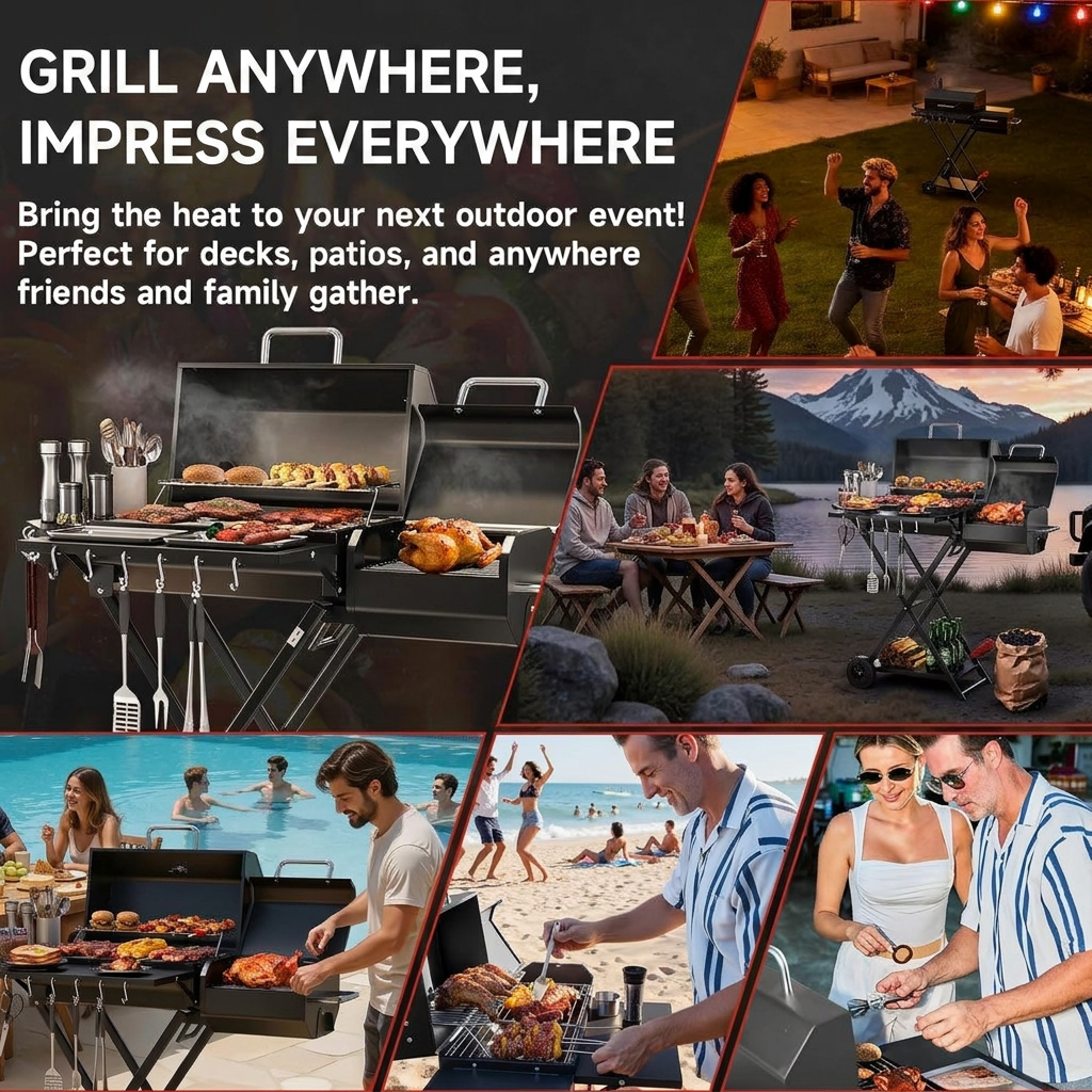Charcoal Grill and Smoker with Chimney, Wheels, and Foldable Design