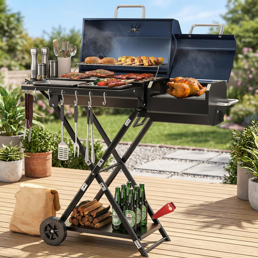 Charcoal Grill and Smoker with Chimney, Wheels, and Foldable Design