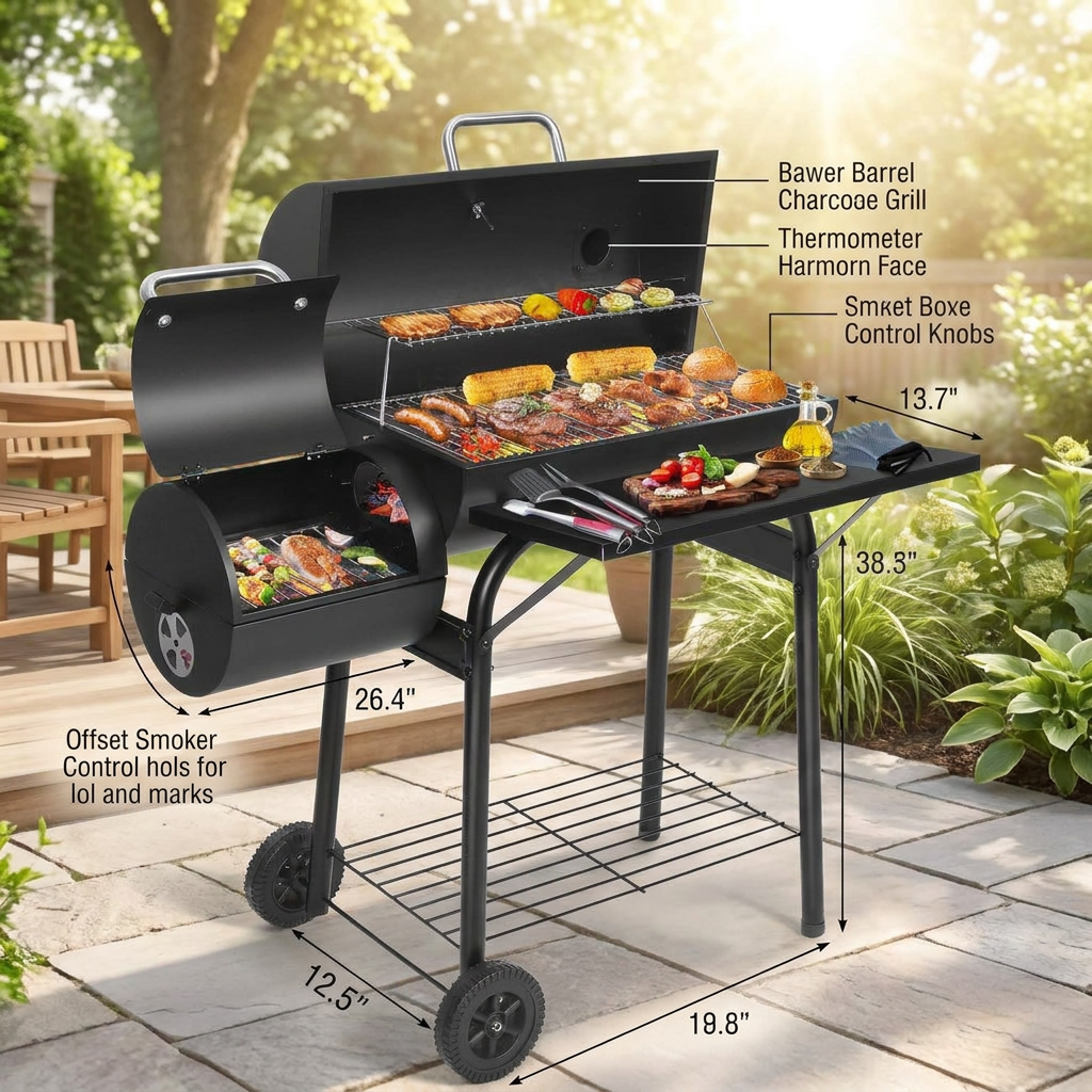 Charcoal Barrel Grill with Side Smoker Box, Built-in Thermometer & Cart