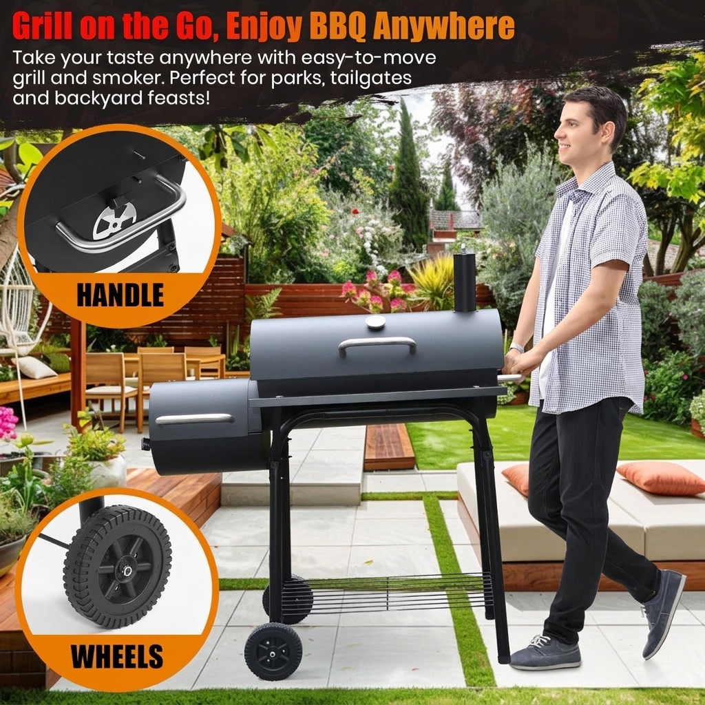 Charcoal Barrel Grill with Side Smoker Box, Built-in Thermometer & Cart