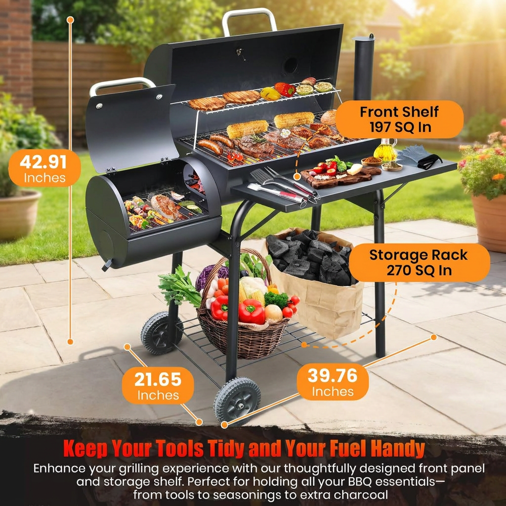 Charcoal Barrel Grill with Side Smoker Box, Built-in Thermometer & Cart