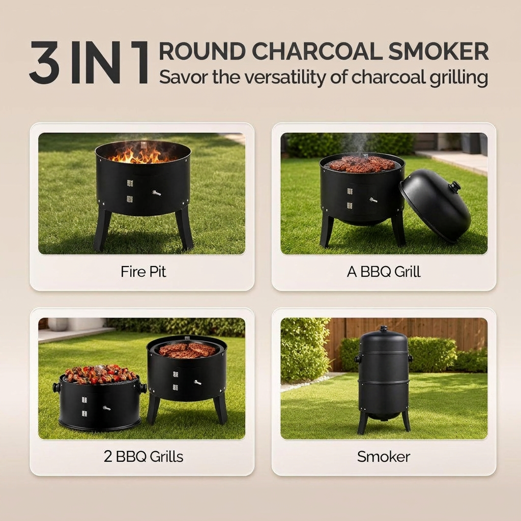 Vertical Charcoal Smoker Grill with Thermometer and Dual Access Doors
