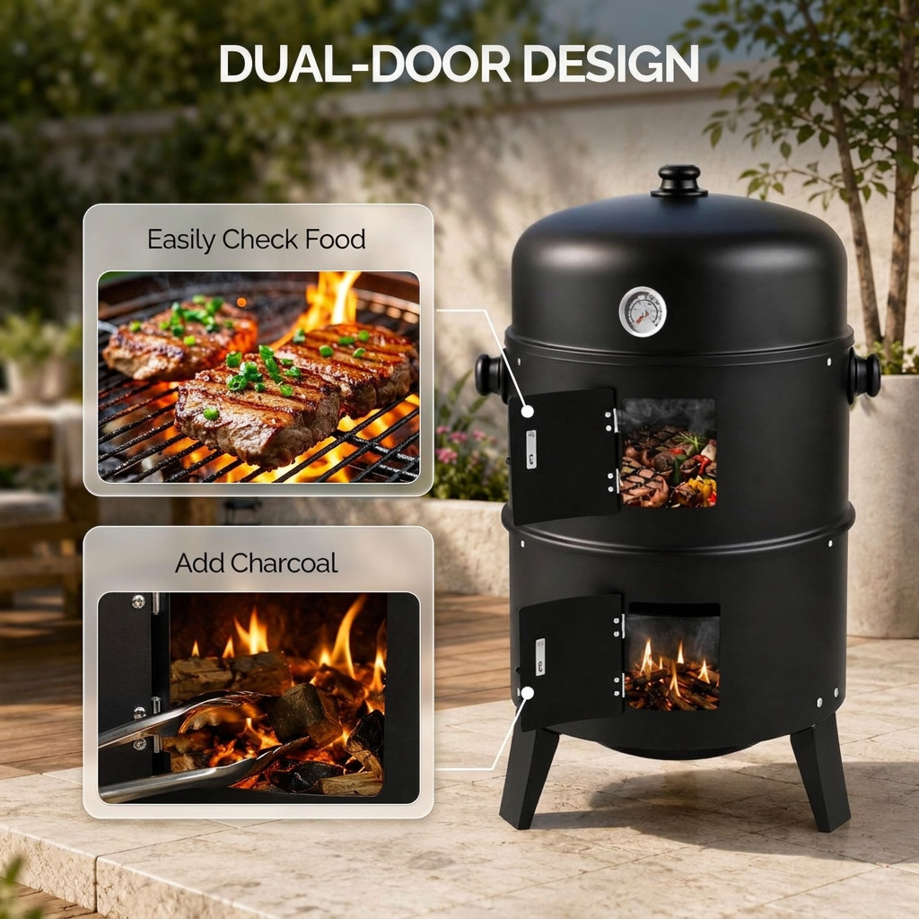 Vertical Charcoal Smoker Grill with Thermometer and Dual Access Doors